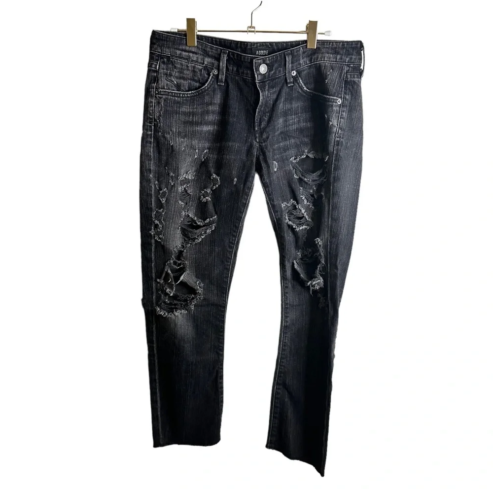 Agolde Jeans Chloe Low Rise Slim Liverpool Black Denim Distressed Size 29‎